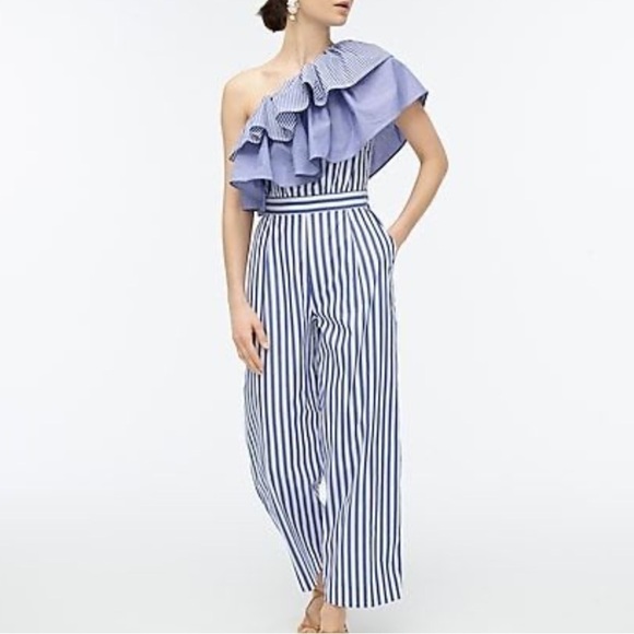 J.Crew- Blue and White Stripe One Shoulder Multi Ruffle Jumpsuit - Picture 2 of 8
